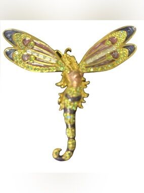 Vintage Kirks Folly Dragonfly Brooch Aurora Borealis Crystal Enamel GoldTone Pin